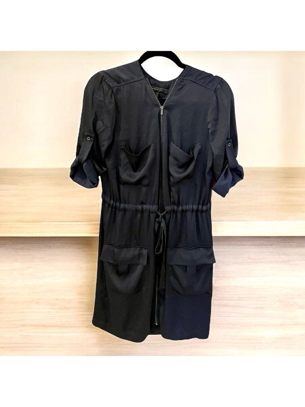 BCBG MaXazria Dress, Size S, Navy, Zip Front, Pockets and Drawstring Wai…